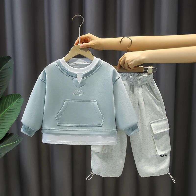 男童套装春秋装洋气宝宝假两件拼接卫衣儿童秋季运动帅气两件套潮