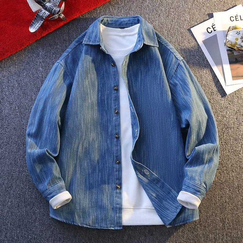 2025春季牛仔棉质轻奢条纹衬衫男士文艺风百搭美式衬衣外搭潮G651