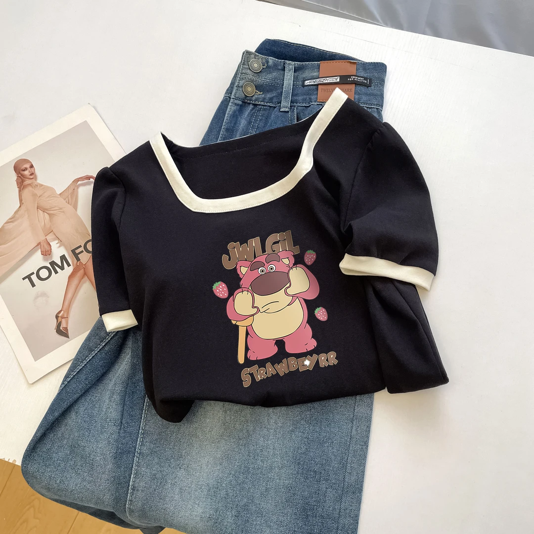 yoewshean/羽媗胖妹妹大码微胖女装短袖t恤遮肚宽松显瘦方领上衣