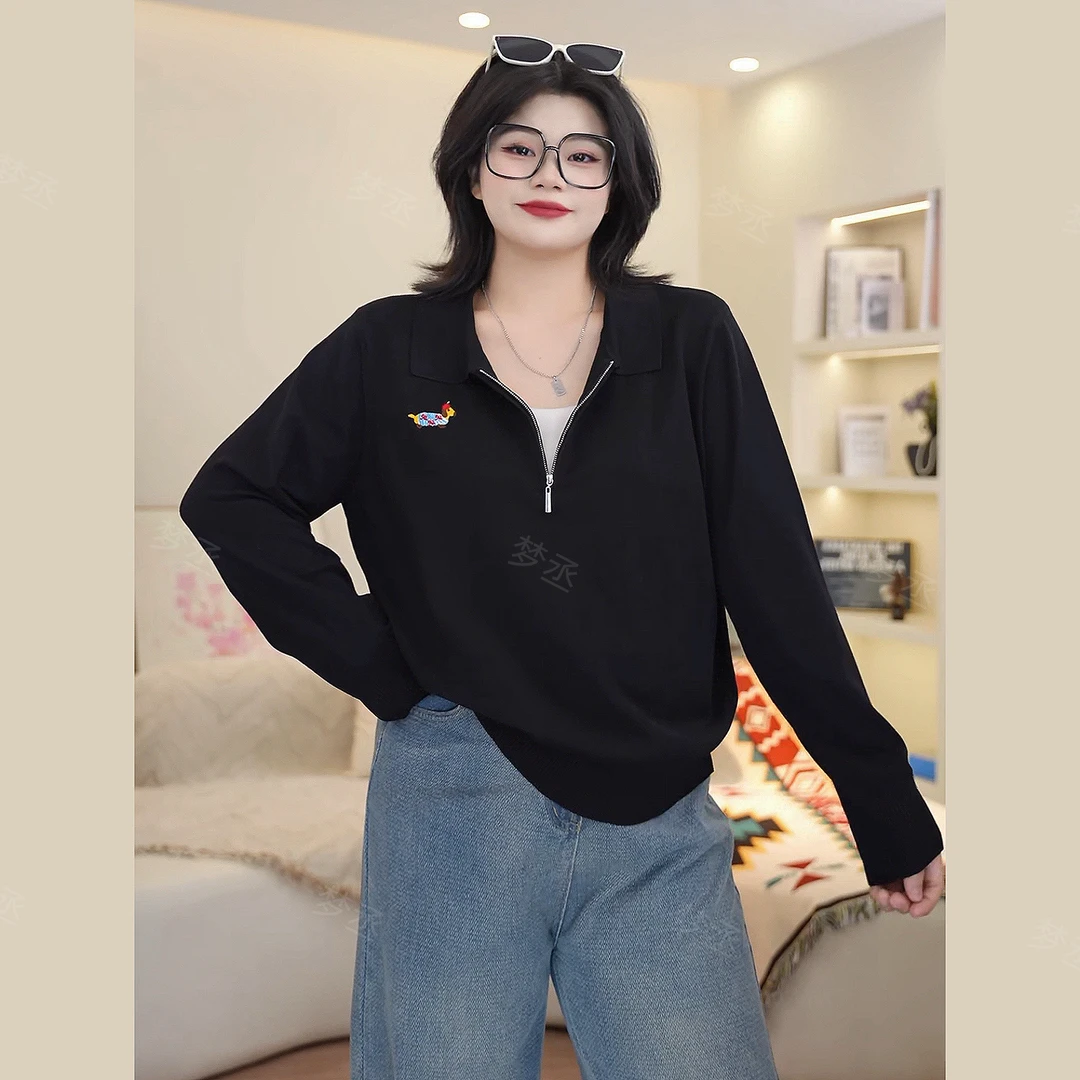 梦丞-冬季宽松小狗刺绣胖mm大码女装POLO领洋气长袖针织衫上衣女