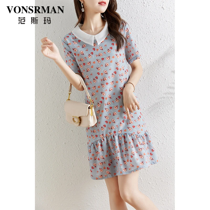 时尚减龄印花POLO领连衣裙女夏季2025新款宽松显瘦气质a字雪纺裙