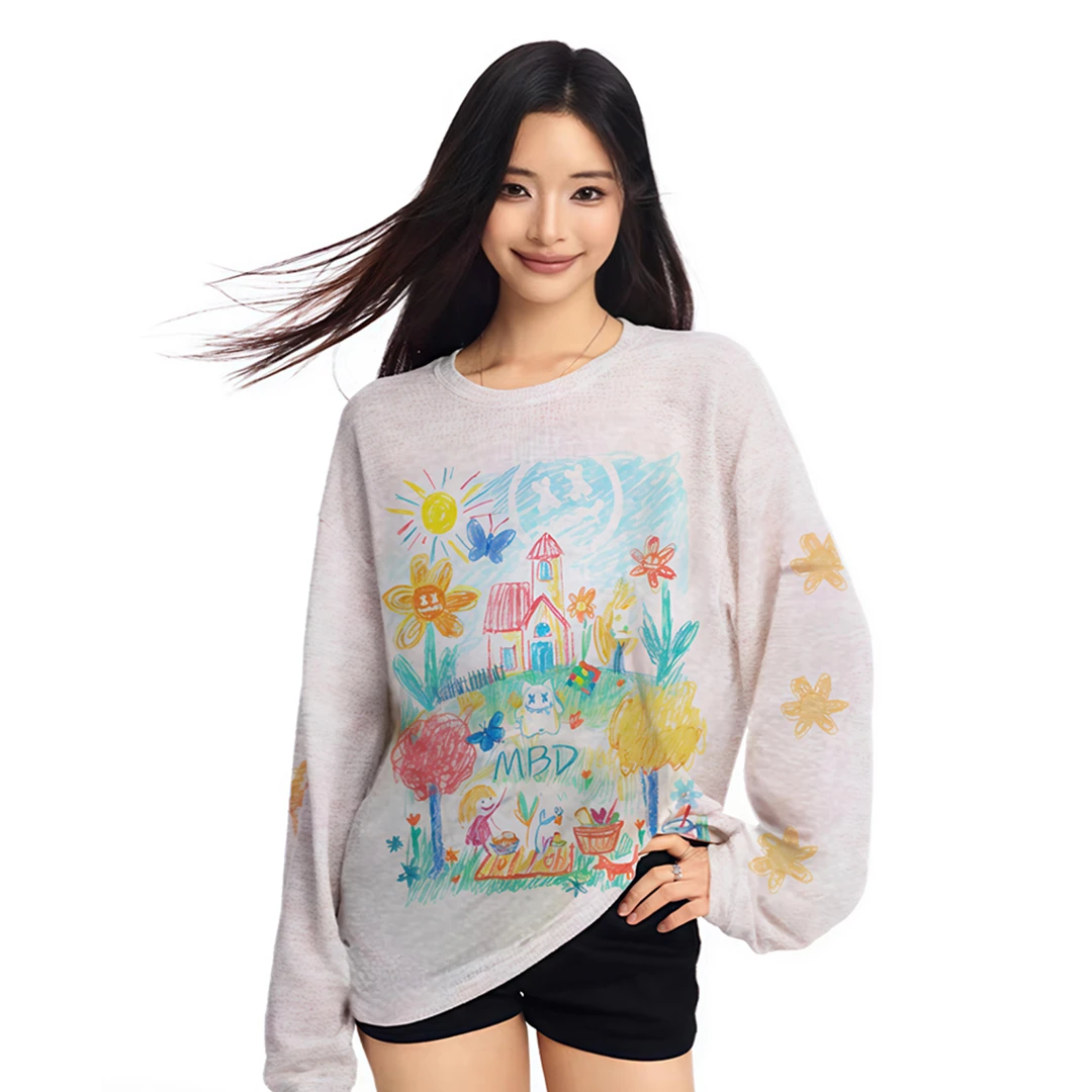 小恶魔潮牌创意手绘涂鸦罩衫薄款夏季2025新款长袖T恤防晒上衣