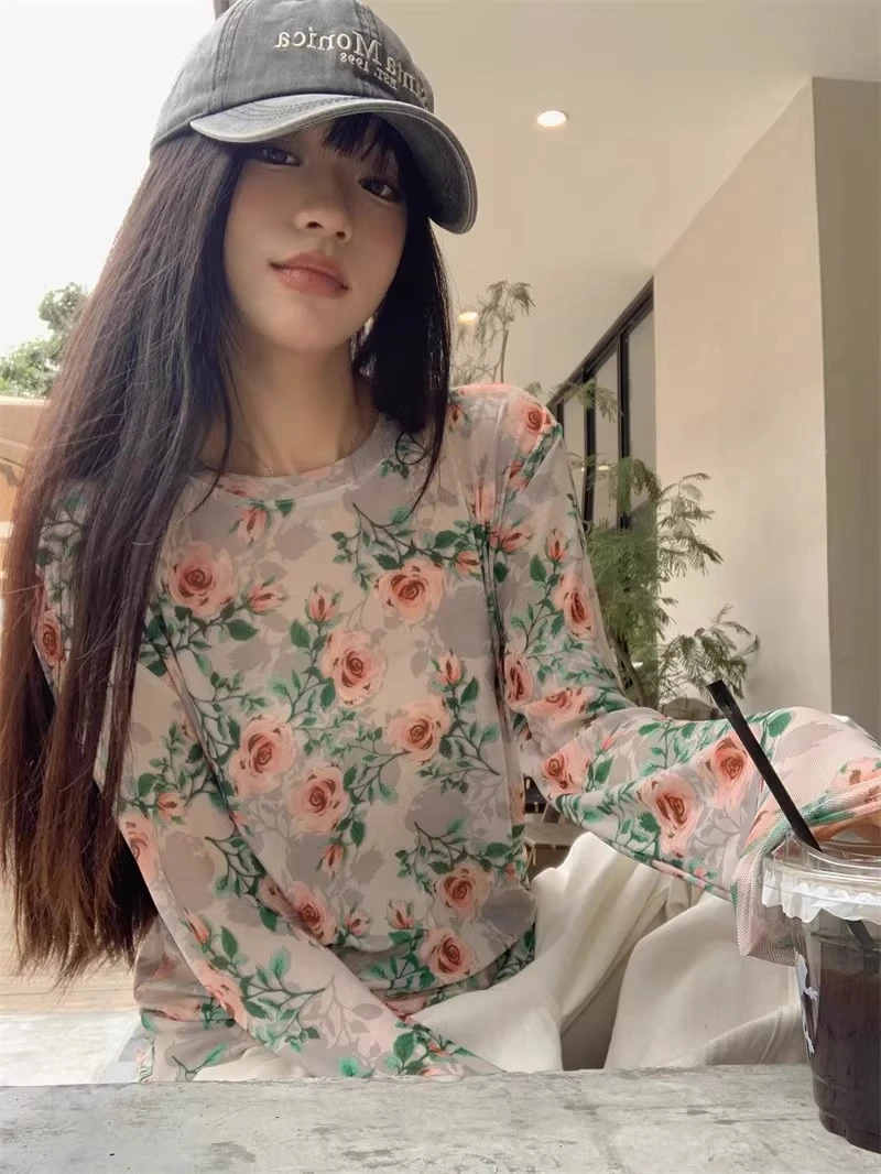 夏季轻薄冰丝防嗮女山茶花印花长袖T恤网纱透气显瘦空调衫上衣