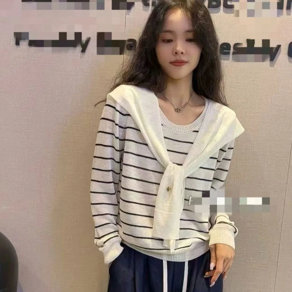 针织长袖秋季圆领条纹女毛针织衫气质百搭薄款毛衣网红宽松针织衫