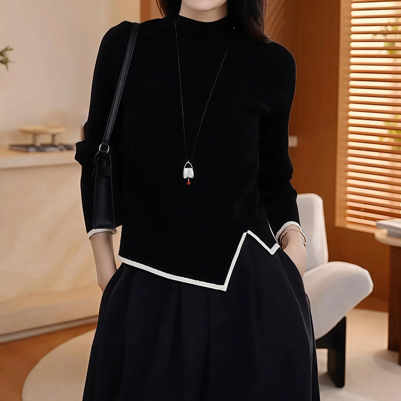 韩系设计感不规则撞色减龄T恤女秋冬显瘦遮肚子半高领打底衫上衣