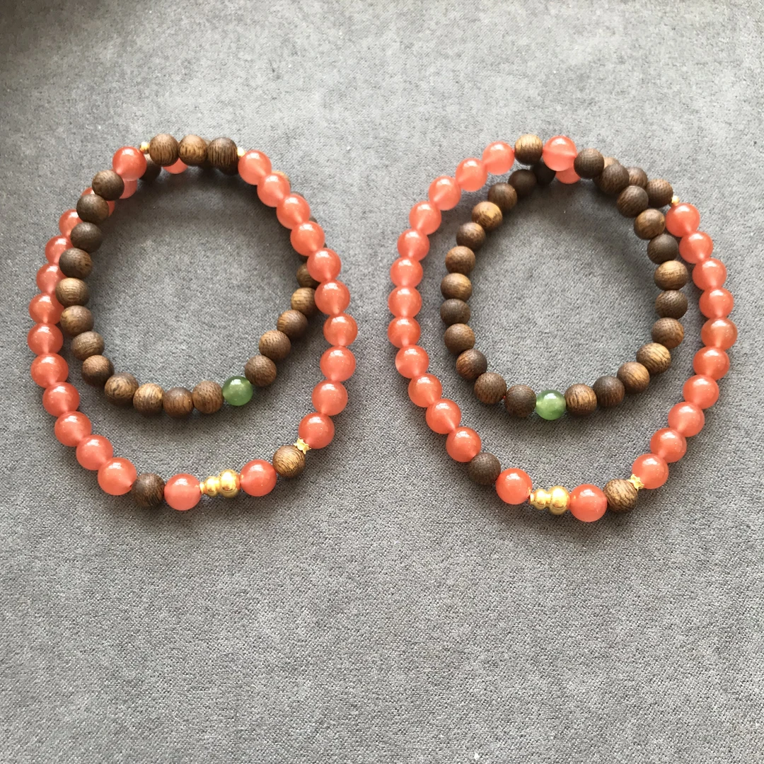 【故宫红】18K金沉香南红双圈手串#6255（多样性发一）