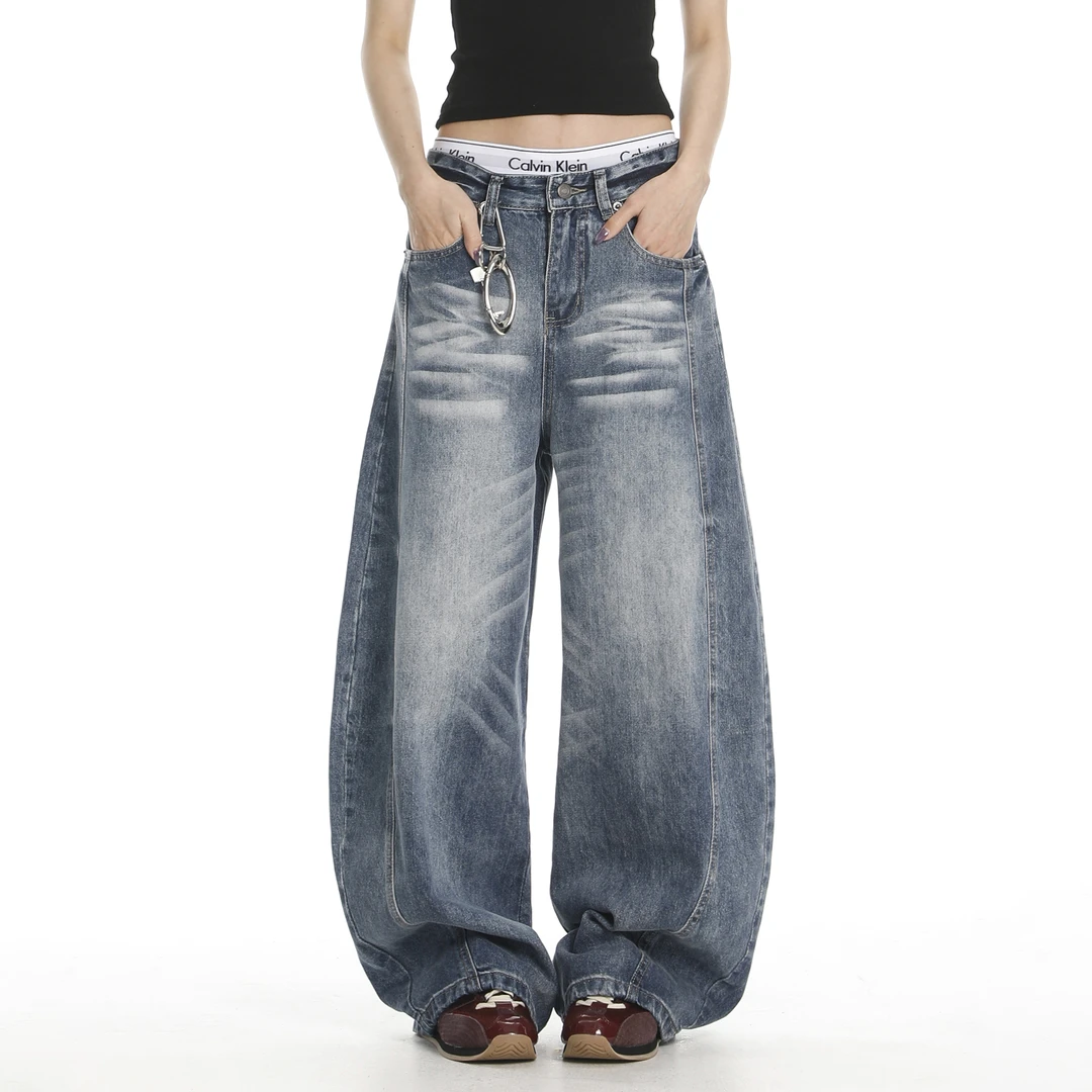 美式高街水洗猫须弯刀牛仔裤女夏季新款宽松直筒阔腿拖地镰刀裤子