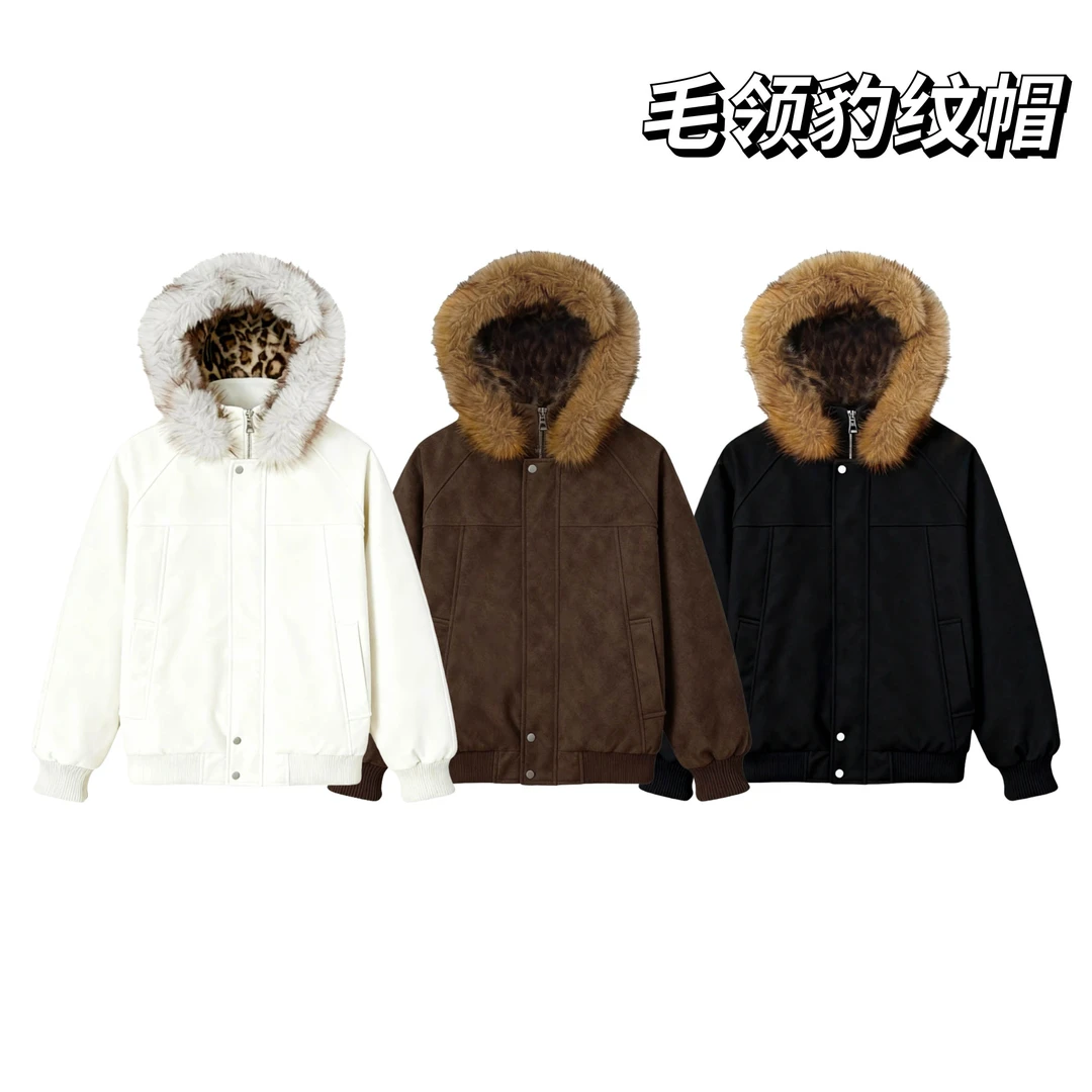 ROSE冬季百搭宽松荔枝纹PU皮座山豹夹棉加厚大毛领豹纹外套