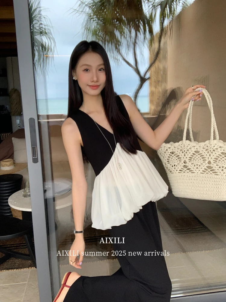 夏季新款法式温柔小香风简约撞色拼接荷叶边设计百搭无袖上衣背心