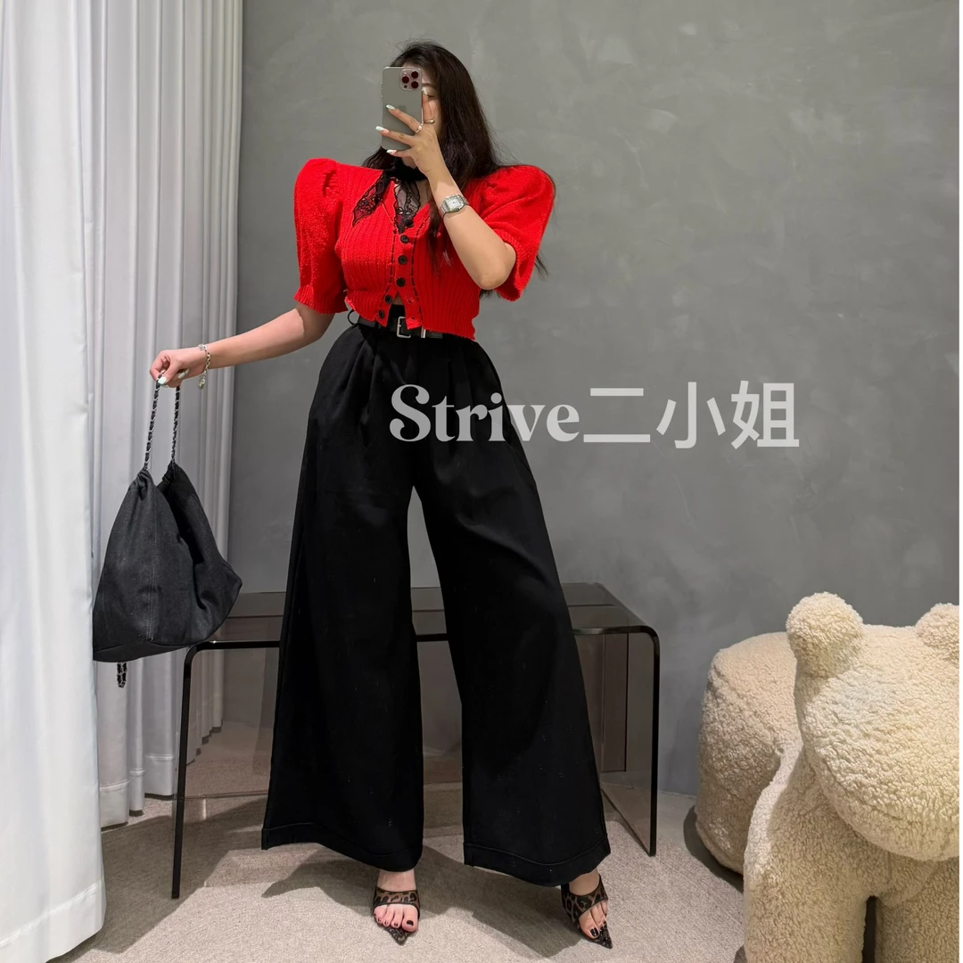 【编织灵感】原单订制 配腰带直筒阔腿裤 手工拼边泡泡袖排扣毛衣