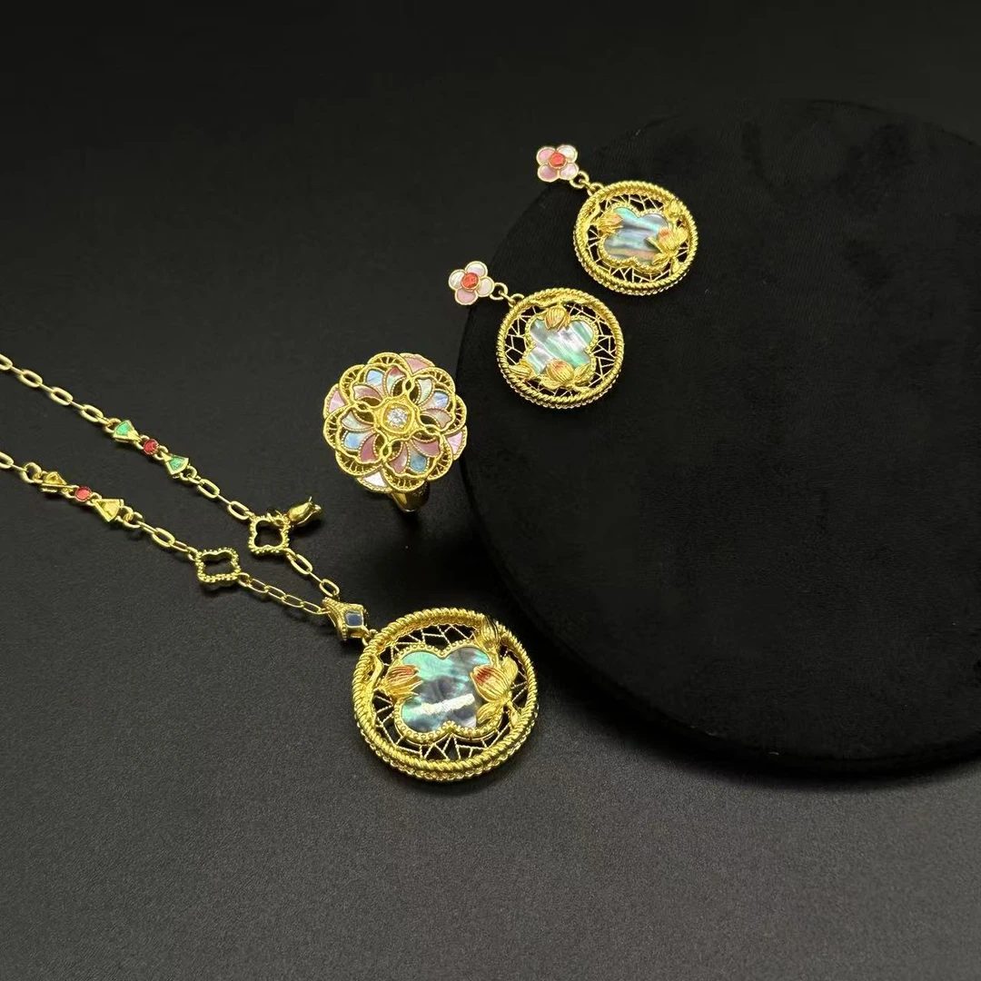 34.74g 古法足金四叶草螺钿套链镶嵌复古手工国潮风