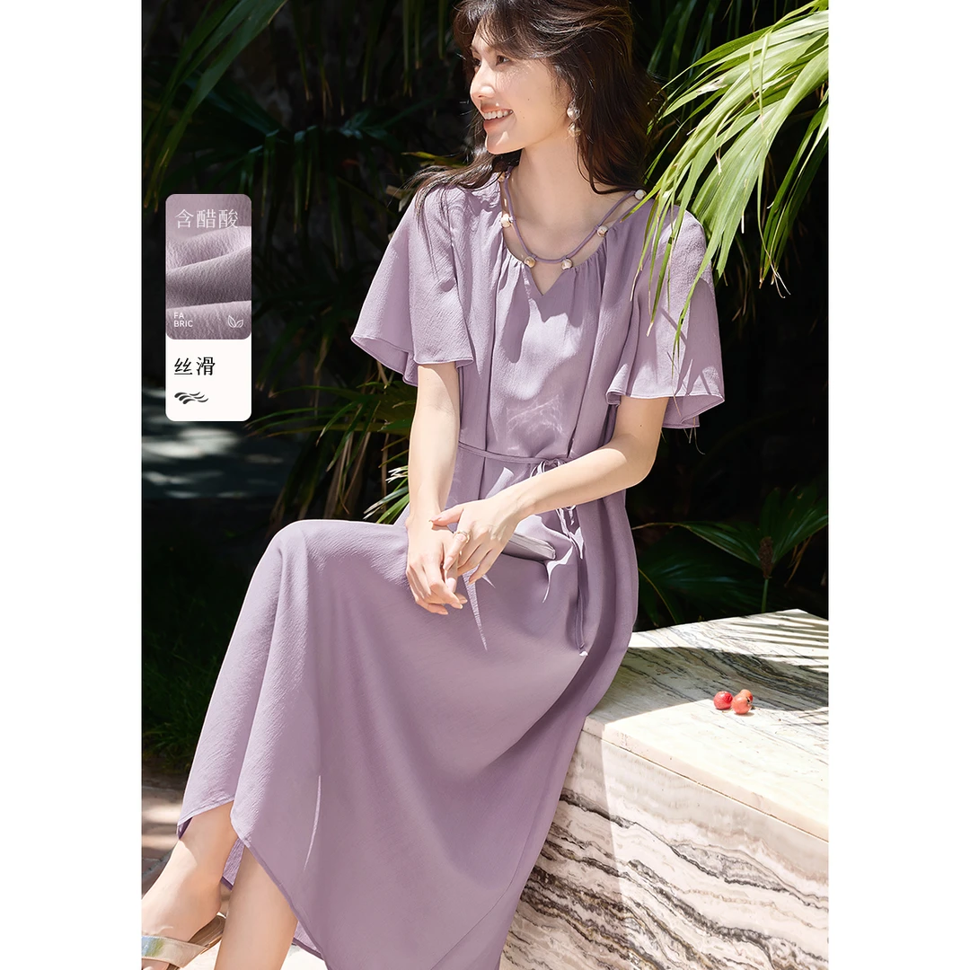 XWI/欣未【雾感醋酸连衣裙】法式复古领口串珠荷叶袖A型连衣裙