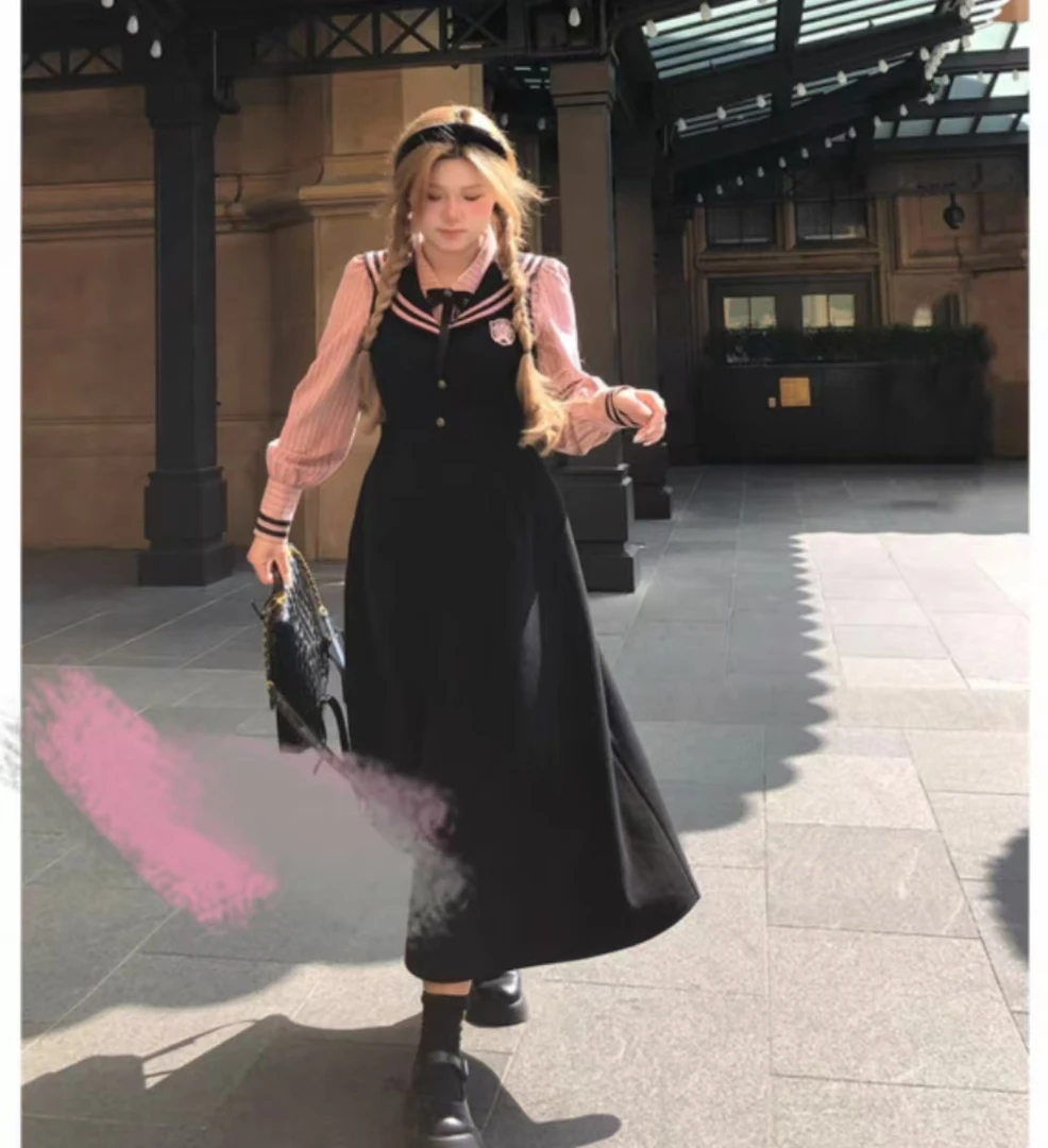 大码时尚套装女装裙子连衣裙针织赫本风复古春秋中长款收腰-99029