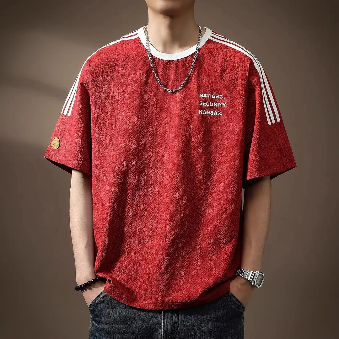 高端冰丝凉感速干泡泡纱短袖t恤男宽松印花圆领夏季薄款半袖体恤