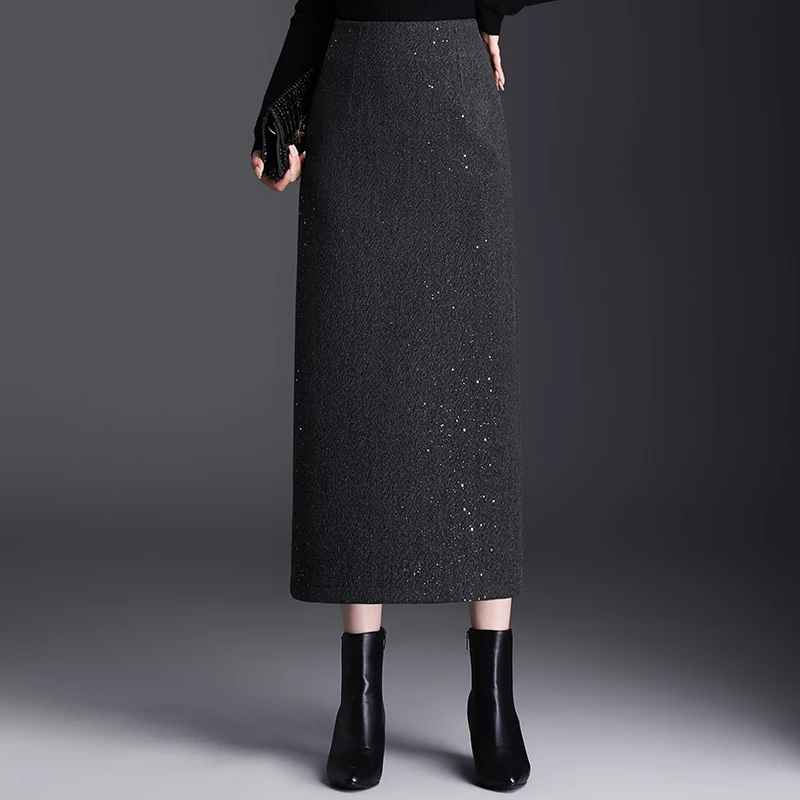 加厚亮片半身裙修身显瘦直筒包臀裙女裙子秋冬后开叉超好看长裙