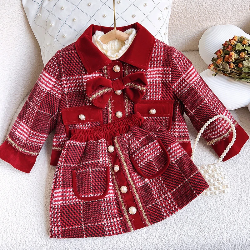 女童小香风套装冬季新款时髦加厚粗花呢加棉外套半裙套装TW288