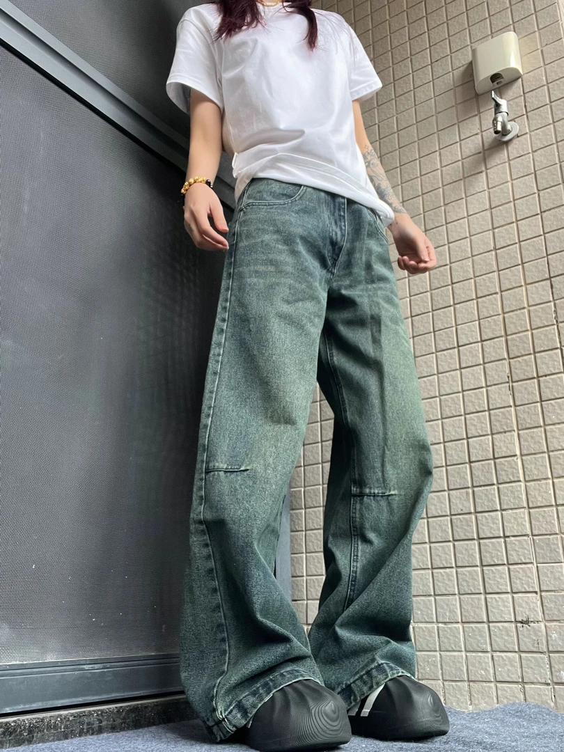 15GET 美式复古蓝cleanfit水洗做旧褶皱直筒牛仔裤百搭长裤男女潮