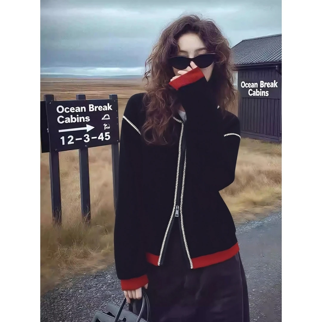 大码胖mm时尚洋气小众轻奢高级感韩系小香风黑色夹克毛衣秋季女