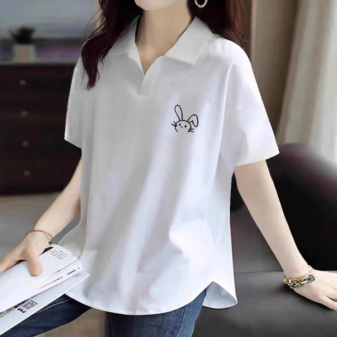 欧货POLO领休闲白色短袖t恤女新款夏季宽松遮屁股打底衫上衣女款