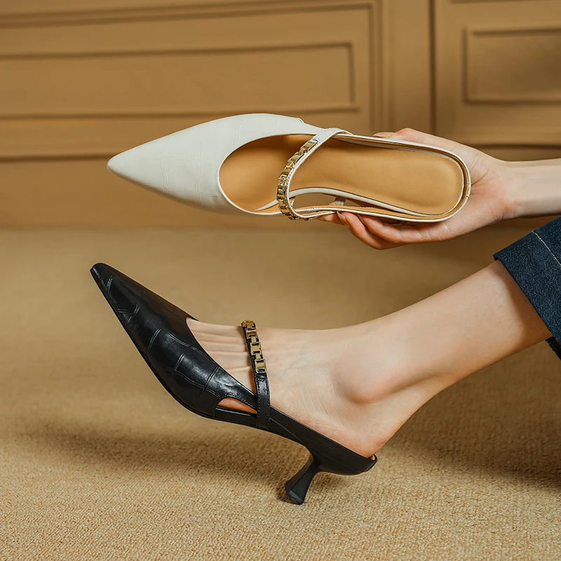 5cm法式气质包头半拖鞋女夏细跟时尚外穿一字凉拖凉鞋真皮配裙子