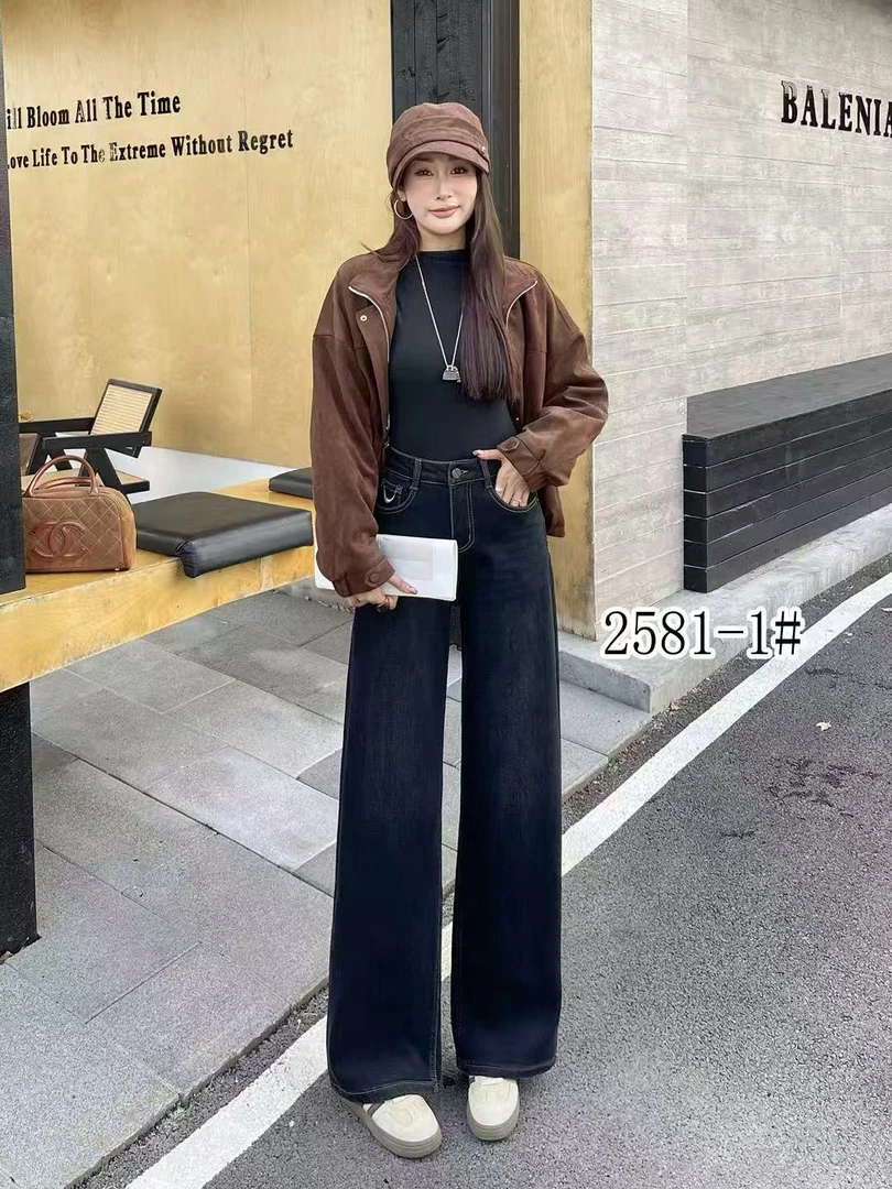 （窄版直筒裤）冬季加厚加绒长裤水洗中腰女弯刀裤牛仔裤休闲