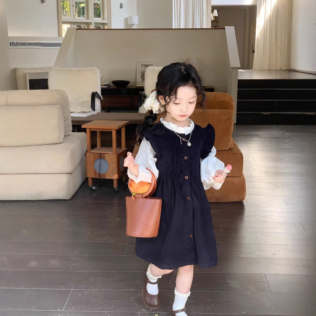 《小惜亦》2025秋季新款韩版女童百搭休闲灯芯绒背心裙立领衬衣套装