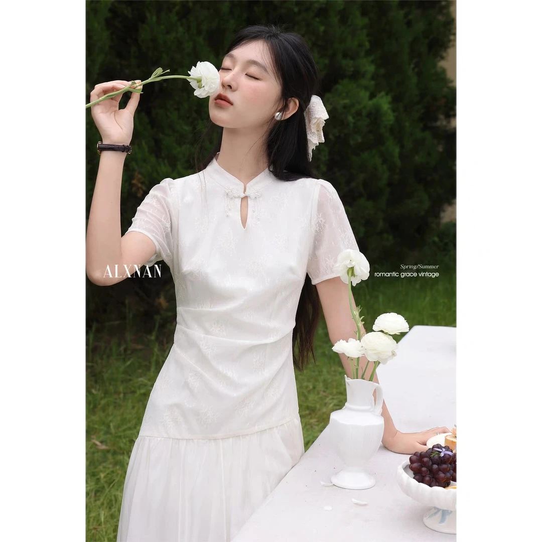 鹿向南「流光似锦」新中式国风洋气衣服女显瘦长裙收腰细闪连衣裙