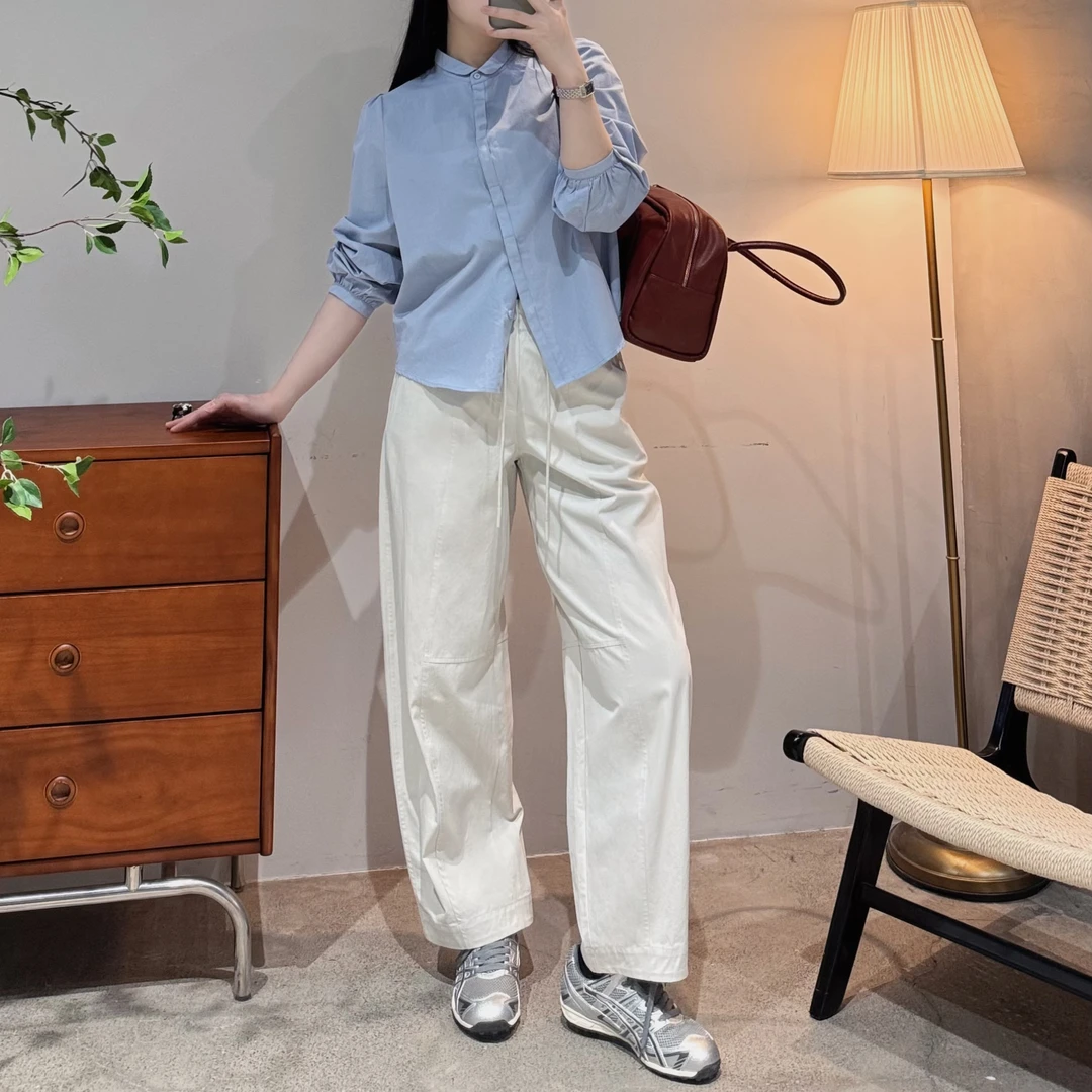 韩系简约潮流百搭分割线设计纯色松紧腰长裤休闲裤-M25114307