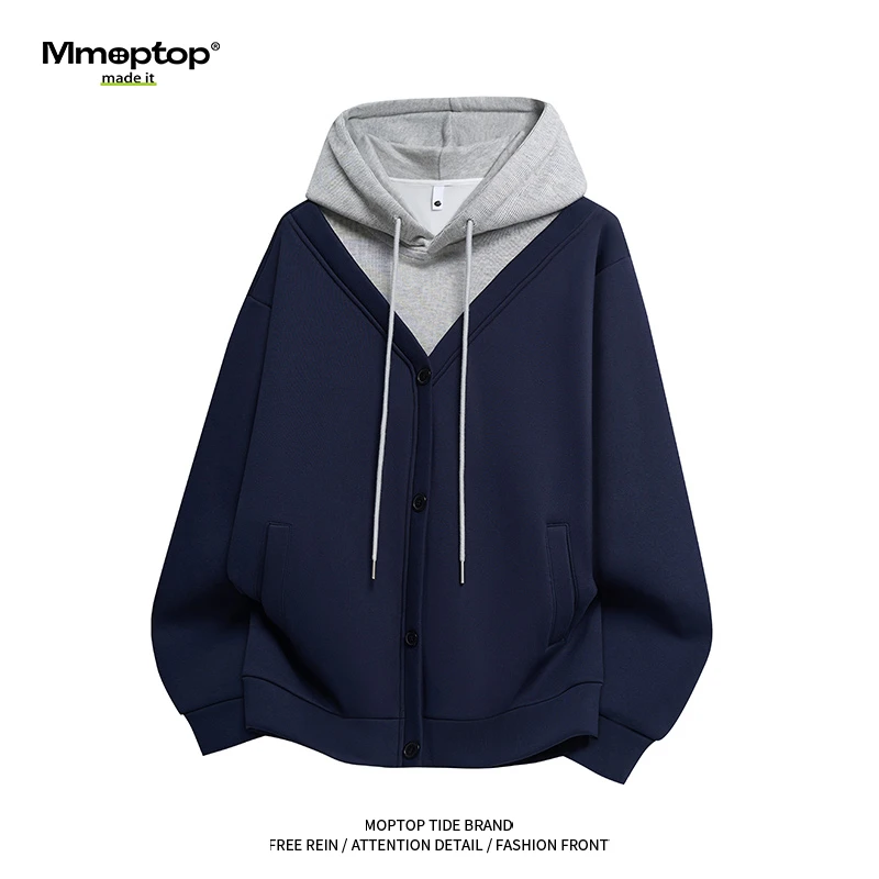 Mmoptop美式潮流假两件套头卫衣外套男士秋季休闲宽松百搭连帽衫