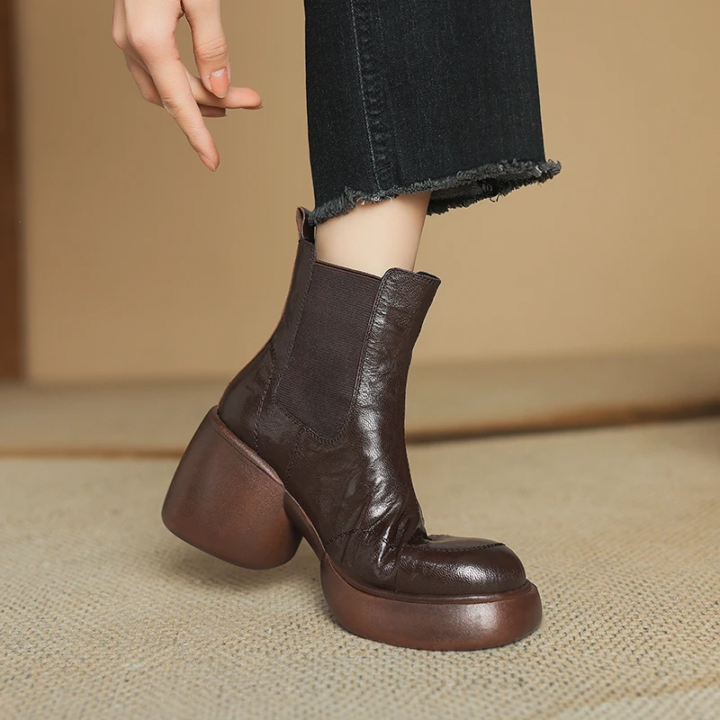 8cm高跟短靴小个子厚底增高百搭复古棕色英伦风切尔西靴粗跟圆头
