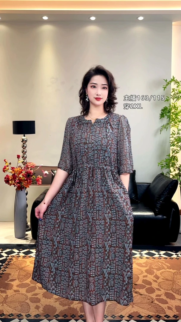 棕色图腾V领显瘦蓝白花显瘦连衣裙优雅常规夏季中长款收腰印花