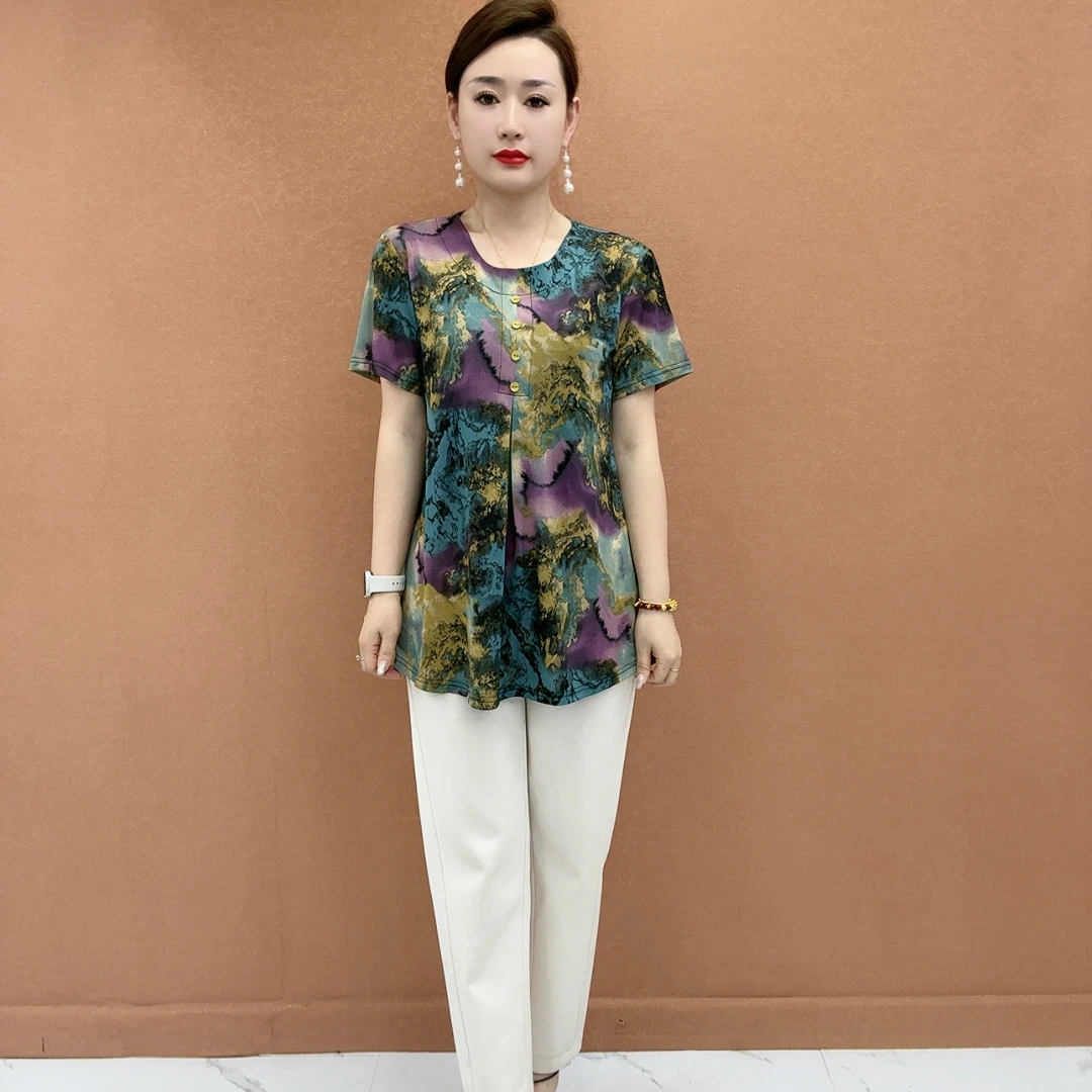 夏季大码宽松圆领妈妈短袖上衣显瘦遮肚中老年女装