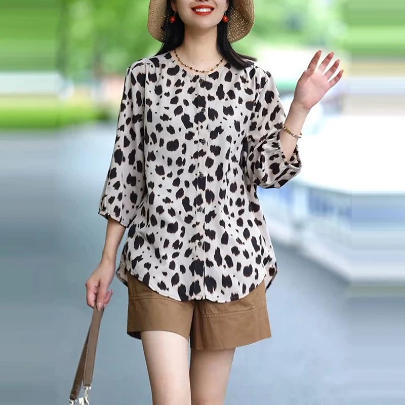 设计感豹纹七分袖衬衫女夏季新款洋气衣服减龄宽松显瘦气质上衣潮