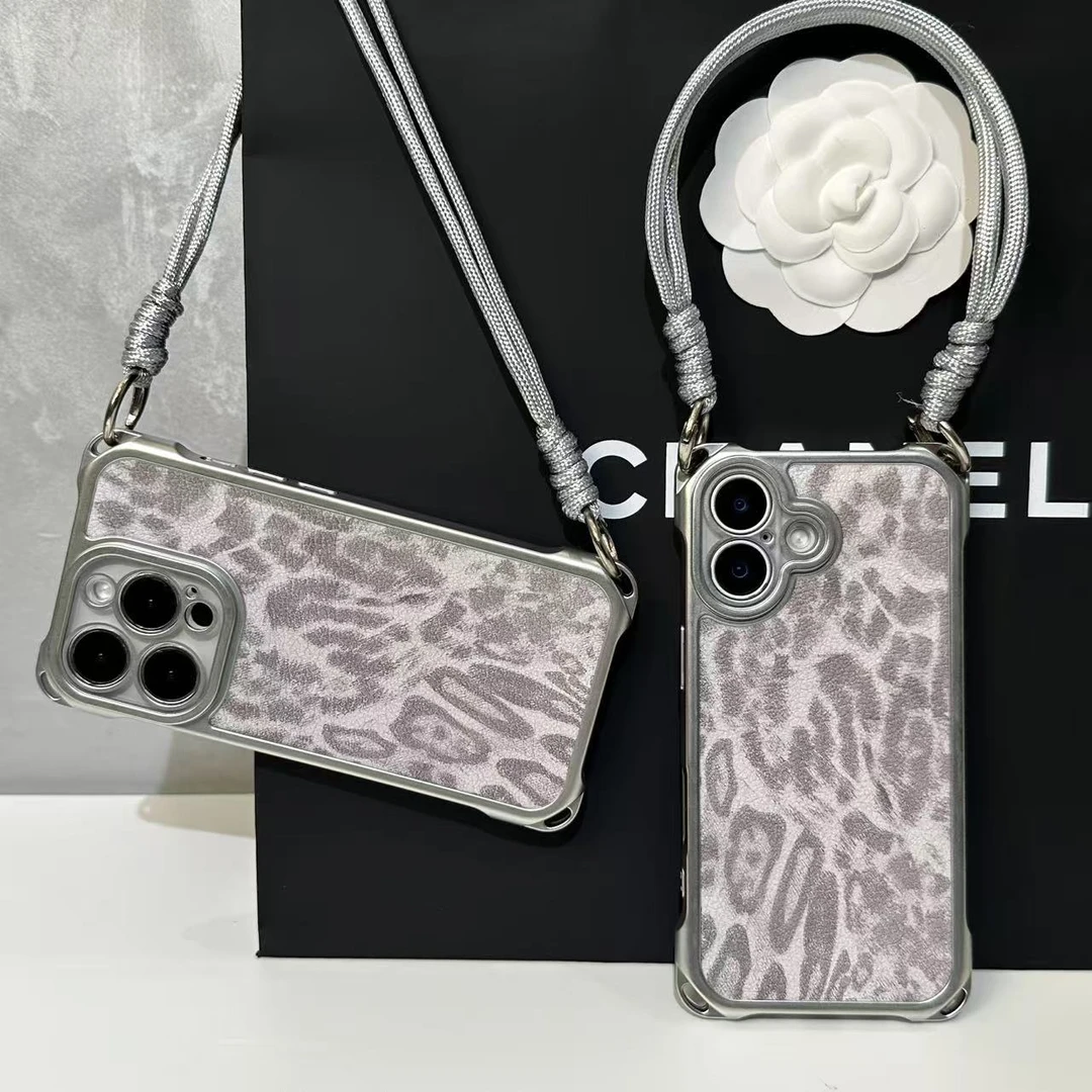 奥菲顿灰色豹纹适用苹果16/15四角挂绳手机壳华为P70vivo小米oppo