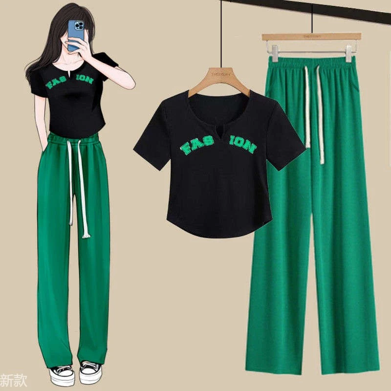 单/夏季新款时尚套装女设计感短款上衣短袖t恤+冰丝阔腿裤两件套
