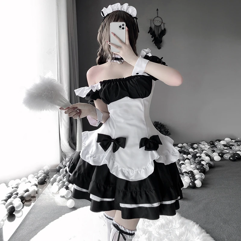 性感一字肩洛丽塔木耳花边女仆女佣制服 cosplay套装Lolita套装