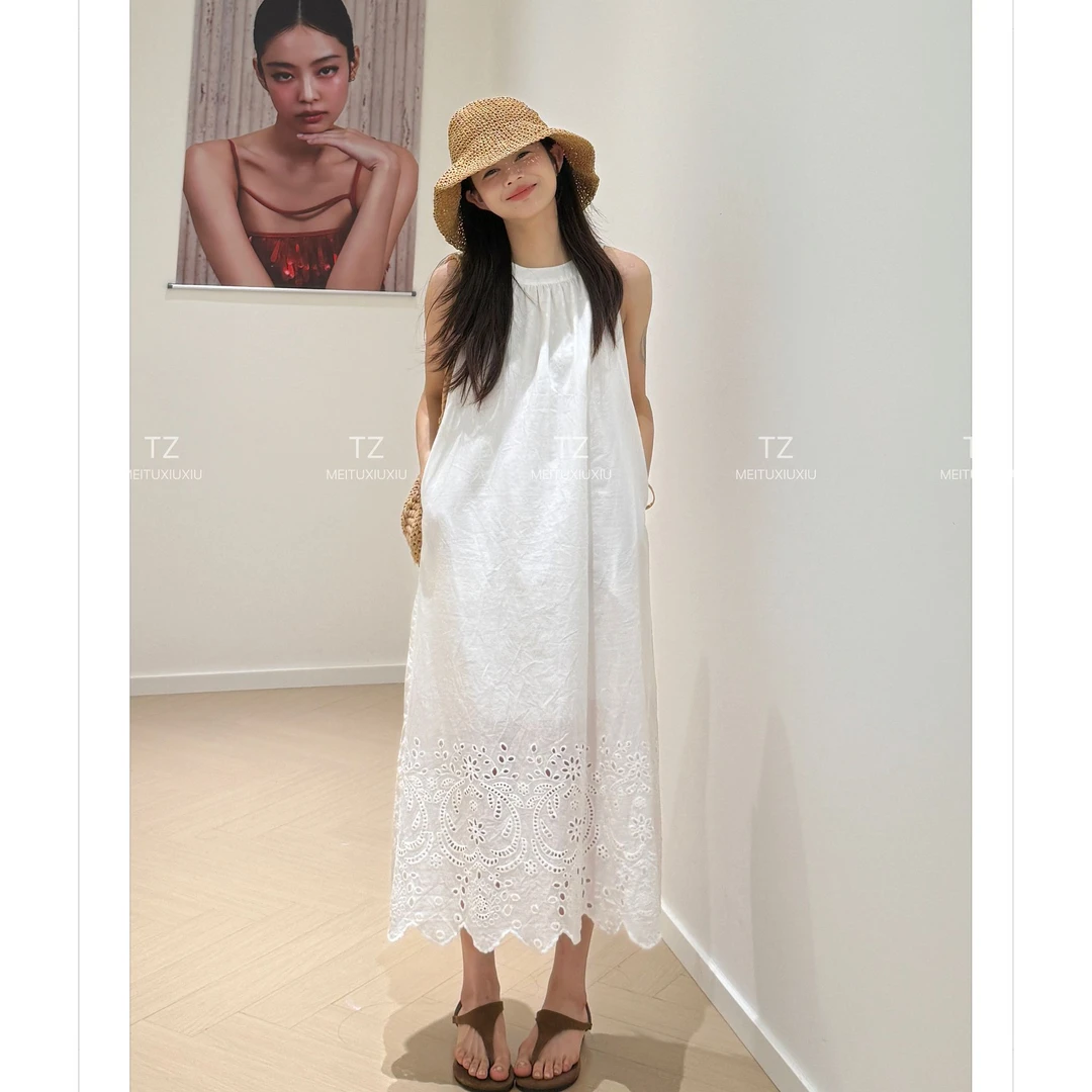 【婷子定制】~150小个子改版夏款重工镂空度假挂脖背心连衣裙C723