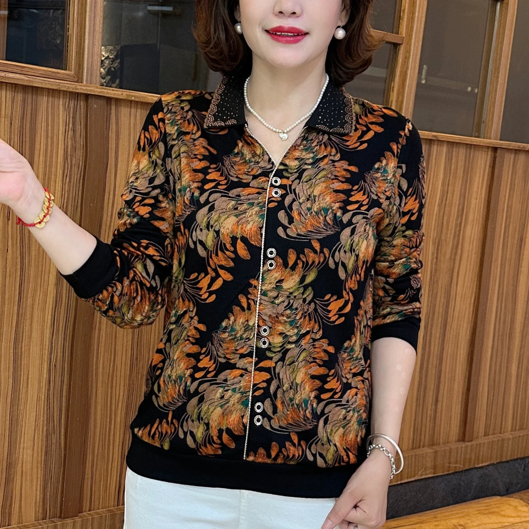 秋季新款时尚女装翻领烫钻洋气妈妈装显瘦减龄百搭休闲风长袖上衣