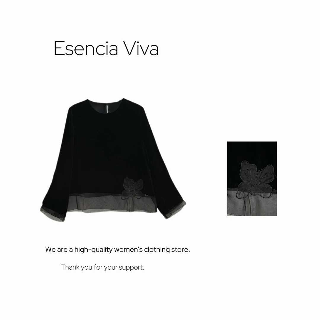 EV.【原创设计】桑蚕丝绒拼接刺绣花朵气质长袖上衣EVZZ0761