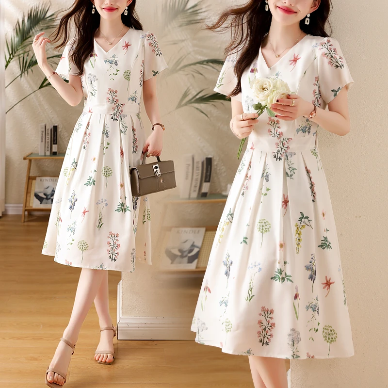 夏季新款高贵轻奢甜美风女裙印花飘带隐形拉链中腰短袖聚酯纤维