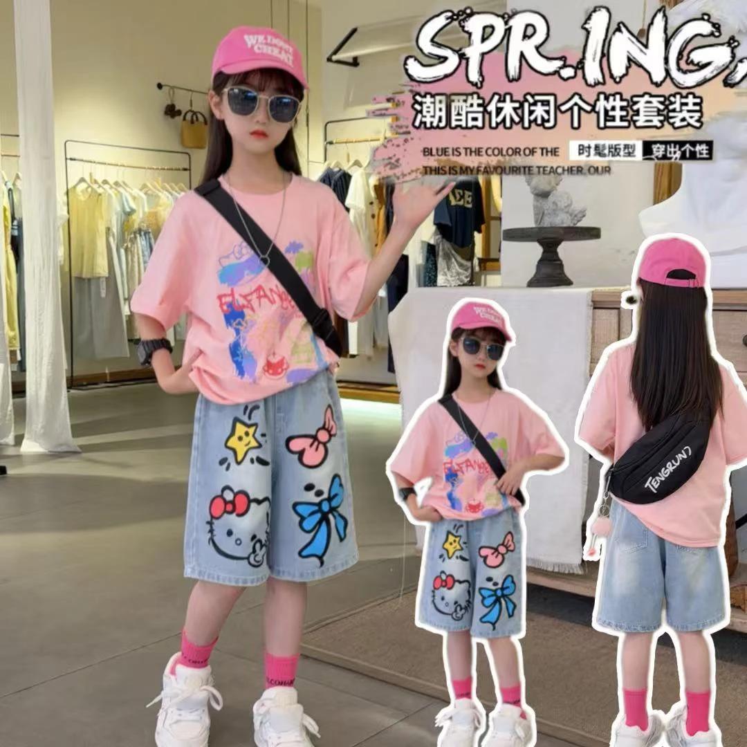 女童韩版涂鸦套装蛋糕粉上衣涂鸦kit猫牛仔短裤俩件套