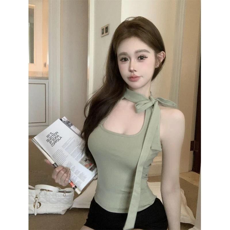 纯欲独特别致性感挂脖小吊带背心女夏外穿甜辣妹法式短款无袖上衣