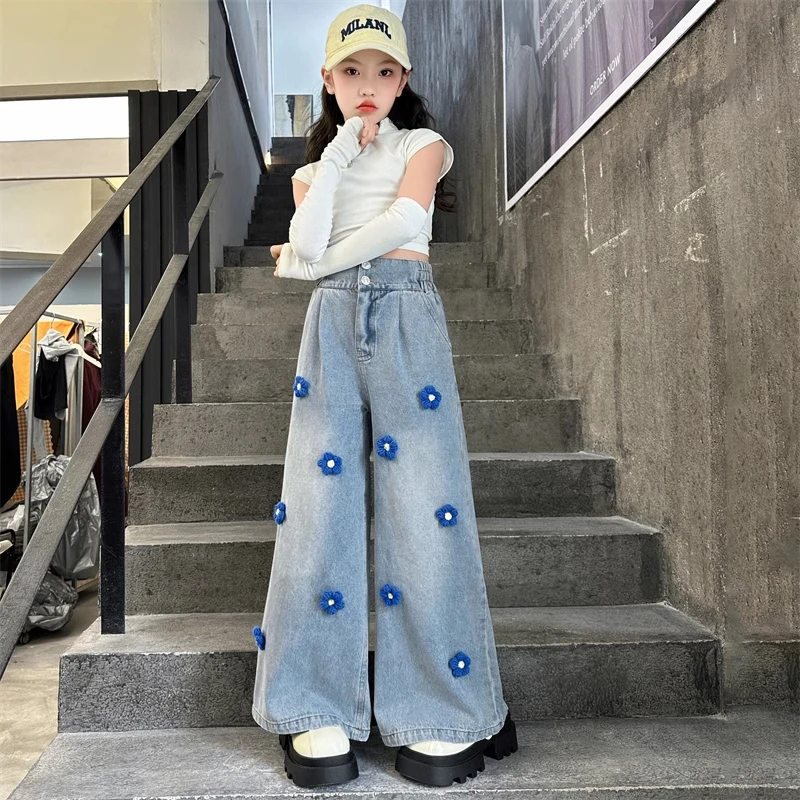 女童春季牛仔阔腿裤2024新款儿童装春秋洋气裤子大童修身休闲长裤