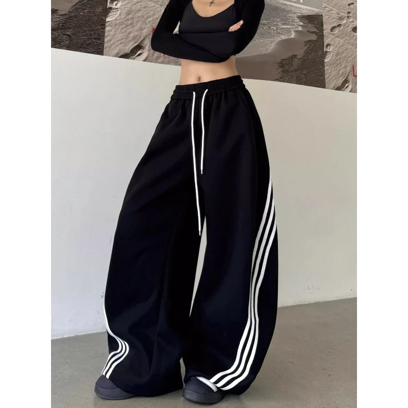 美式辣妹复古街头风街舞三杠条纹绑带弯刀休闲裤宽松阔腿春秋显瘦