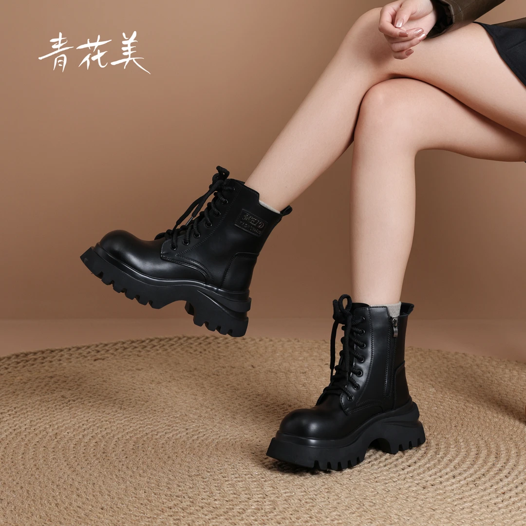 厚底马丁靴女款2025新款英伦风黑色小个子秋冬百搭软底增高短靴