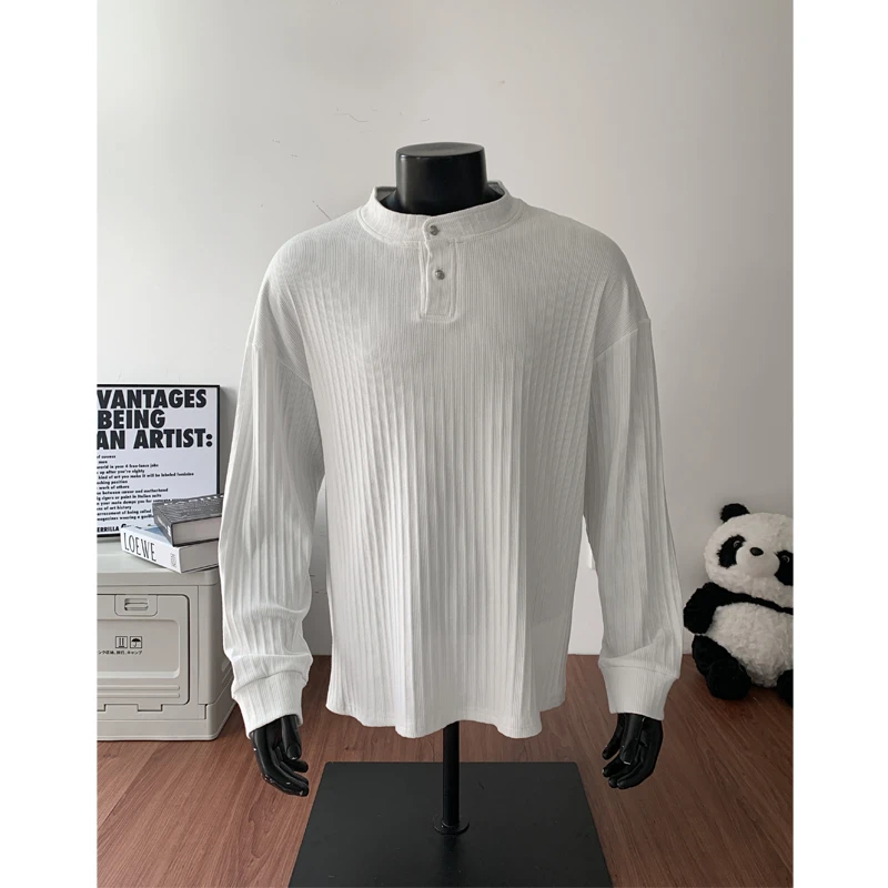 美式亨利领简约长袖T恤男春秋白色肌理线条情侣宽松百搭休闲上衣