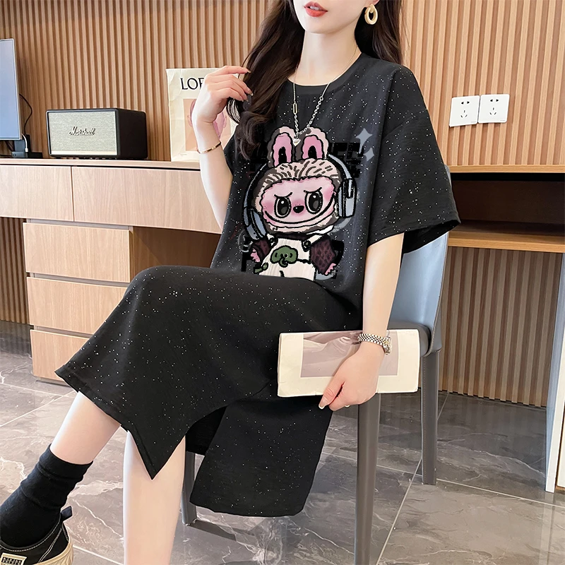 圆领卡通印花短袖T恤裙女夏季新款韩版宽松大码亮闪闪过膝连衣裙