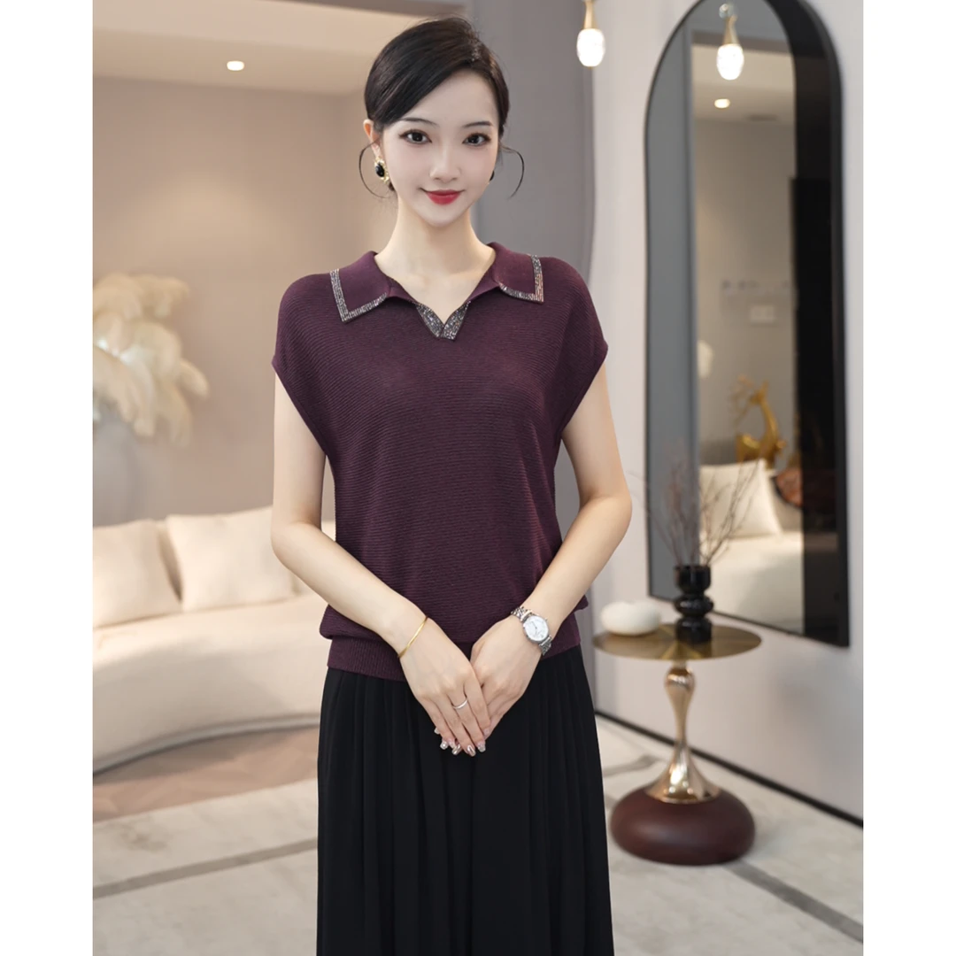 2025夏新款【LT-1139】薄款凉快天丝紫色烫钻设计感短袖针织小衫女