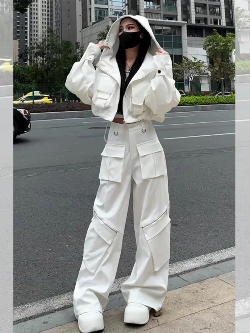白色时尚休闲运动套装女2025新款高腰显瘦重工街头外套工装阔腿裤