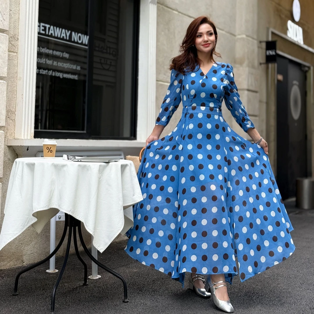 MUBINE 赫本风复古气质高端收腰大摆含亚麻波点长裙 2580